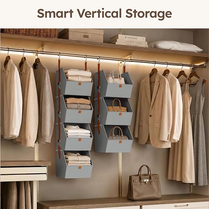 Hanging Closet Organizer 4 Tier - Clothes Hanging Shelves, Space-Saving Closet System, Fabric Storage Bins Bedroom Organization, Collapsible Baskets for Home, Dorm, Rv, Grey, 8 Pack - Image 6