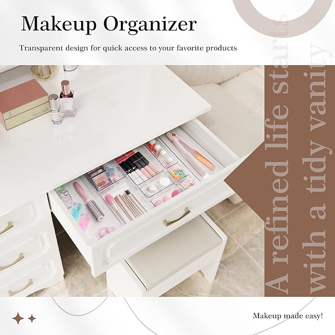 14 PCS Clear Plastic Drawer Organizer Set - 5 Large Size Versatile Kitchen and Bathroom Organizer Trays, Non-Slip Storage Bins for Makeup, Utensils, Tool and Office Desk - Image 5