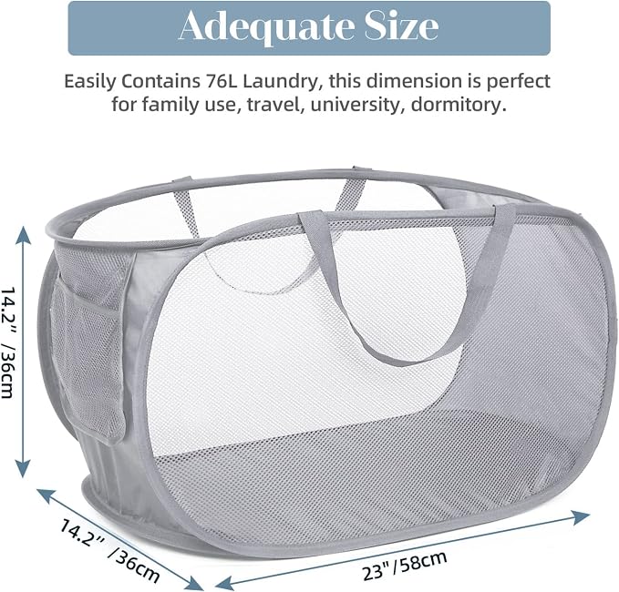 4 Pack Foldable Laundry Basket Hamper, Collapsible Laundry Baskets with Pocket, Mesh Pop Up Laundry Hamper, Clothes Hamper with Reinforced Handles for Laundry, Bathroom, Kids Room, Dorm or Travel - Image 3
