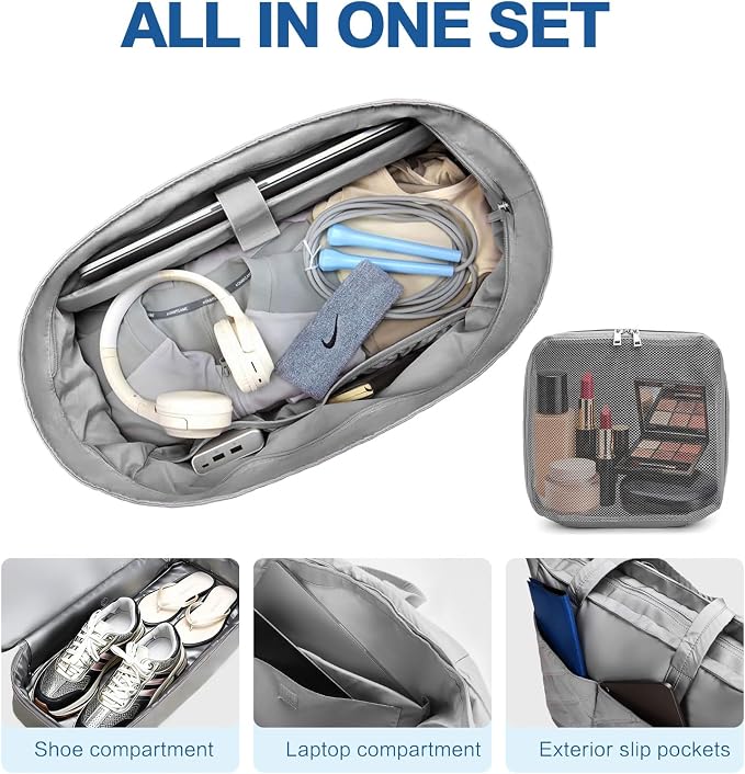 Large 2PCS Nylon Duffle Bag for Travel Weekender Overnight Hospital Gym Bag for Men & Women, Carry On Airline Approved Personal Item Duffel Garment Bag Luggage with Shoe Compartment & Packing Cube - Image 3