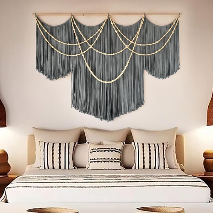 Large Macrame Wall Hanging Grey Boho Wall Art Beaded Decor 57"W*39"L | for Bedroom, Handwoven Cotton Art, Beaded Fiber Design, Textured Wall Accent, Sofa Backdrop Decor, Modern Home Decoration by FLBER
