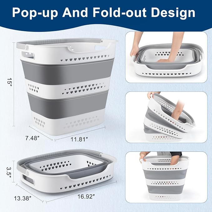 Collapsible Laundry Baskets 42L 2 Pack Pop Up Clothes Hamper for Laundry | Foldable Plastic Laundry Hamper with Handles Portable Saving Durable Dirty Clothes Basket Storage Container for Home & Dorm - Image 3