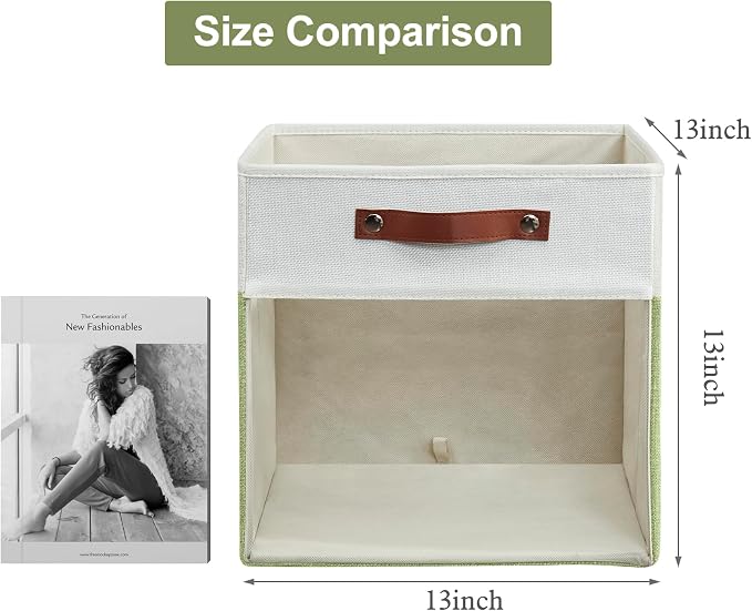 Storage Cubes, 4 Pack Linen Foldable Storage Bins (13 x 13 inch) with Clear Window and Handles, Fabric Organizer for Shelf Closet, Clothes, Books - (Green and White) - Image 2