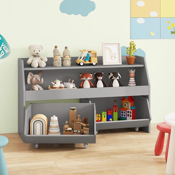 Costzon Toy Storage Organizer for Kids, Toy Cabinet w/ 2 Rolling Drawers, Lockable Wheels, Open Shelf & Anti-toppling Kit, Toddler Toy Shelf for Playroom, Kids’ Room, Nursery, Daycare (Grey) - Image 8