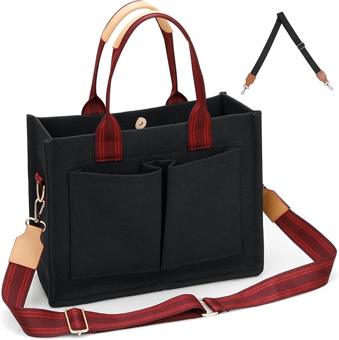 Cozary Large Women's Canvas Shopper Bag, Large Tote Bag, Handbag with Many Compartments, Portable as a Handbag, Shoulder Bag or Crossbody Bag, for Work, Office, Travel, Shopping, School, black by Cozary