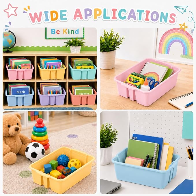 6 Pack Plastic Book Bins For Classroom Stackable Classroom Organizer with Handle Cubby Bins for School Library Office Home Nursery Playroom Organization(Pink Purple) - Image 6