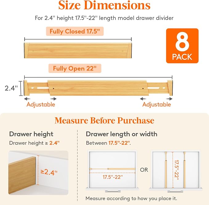 Lifewit 2.4" Kitchen Drawer Dividers, Adjustable Bamboo Drawer Organizers | 8 Pack 17.5"-22" Expandable Drawer Separator for Clothes, Utensils, Dresser, Cabinet, Closet, Nursery Organization & Storage - Image 3