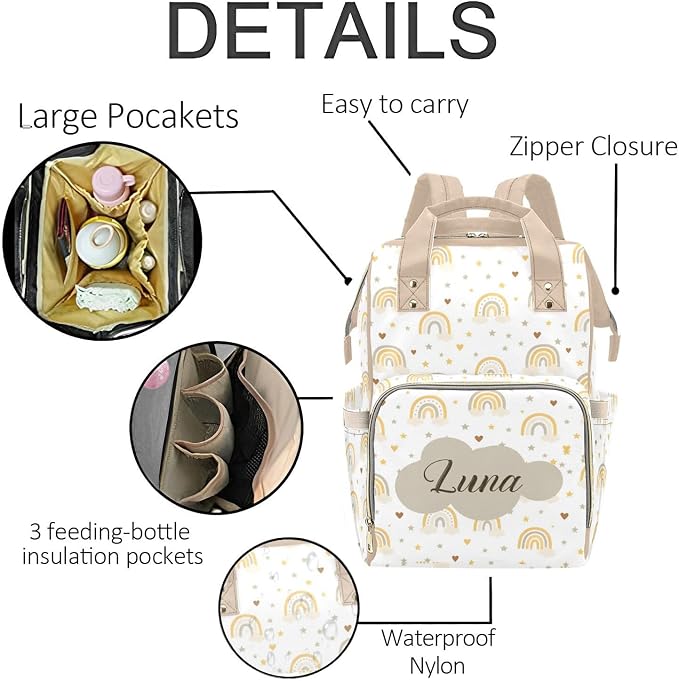 Custom Name Diaper Bag Backpack – Boho Rainbow Personalized Baby Nappy Bag with Insulated Bottle Holders – Waterproof Large Capacity Travel Backpack Gift for Parents - Image 5