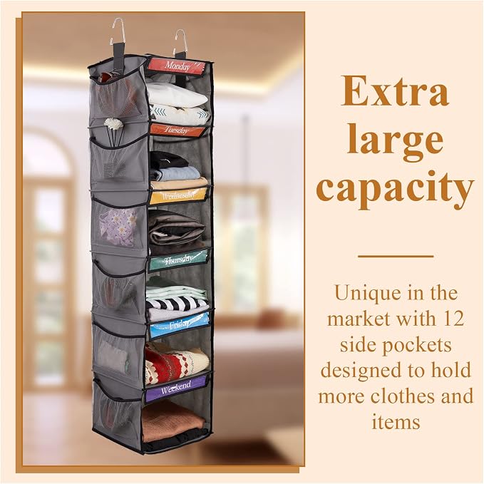 2 Pcs 6 Shelf Hanging Weekly Clothes Organizer for Kid,Gray | Closet Organization, Hanging Closet Shelves with Side Pockets, Labeled Shelves with Days of The Week Monday Through Weekend - Image 3