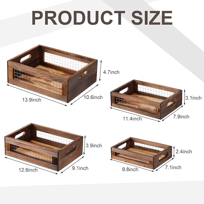 FillTouch 4 Pcs Wooden Nesting Countertop Baskets 4 Size Wooden Storage Box with Handle and Metal Wire Multipurpose Wood Organizer Crate for Fruit Vegetable Kitchen Cabinet Bathroom(Walnut,Small) - Image 2