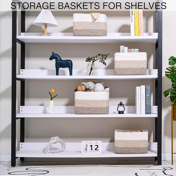Small Storage Baskets for Organizing Shelves, Woven Cotton Rope Basket for Storage, Cute Rectangular Book Toy Baskets, 12.7"×9.1"×7.9", 4 Packs, Gradient Brown - Image 3