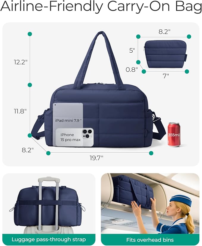BAGSMART Gym Bag for Women, Lightweight Puffer Duffle Bag 2-PC Travel Bag, 31L Weekender Overnight Bag Quilted Carry On Tote Bag, Diaper Hospital Dance Bag for Travel, Gym, Water Resistant, Navy Blue - Image 3