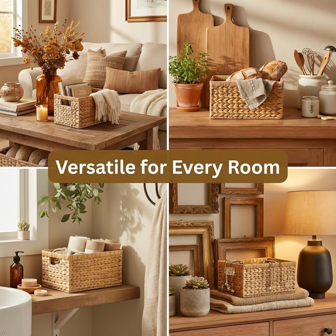 Water Hyacinth Storage Baskets Set of 2 - Medium Decorative Wicker Baskets for Organizing Shelves, Rectangular Woven Storage Bins with Handles for Pantry, Bathroom, Living Room 13"x9"x7" - Image 4