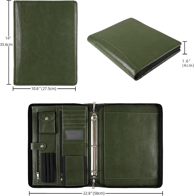 Green Leather Padfolio for Women/Men, Business 3 Ring Portfolio Binder, Personalized Zippered Organizer for A4 Notepad & 13-inch Laptop/Tablet - Image 6