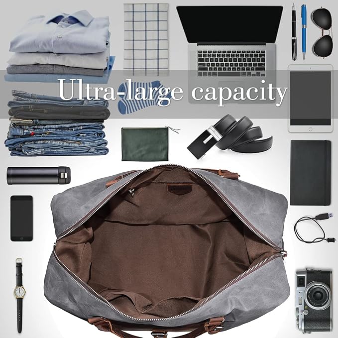 Oversized Travel Duffel Bag Waterproof Canvas Genuine Leather Weekend bag Weekender Overnight Carryon Hand Bag Grey - Image 3