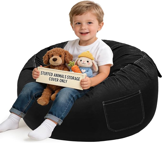 Lukeight Stuffed Animal Storage Bean Bag Chair Cover for Kids, Velvet Plush Toy Organizer Seat, Cover Only, No Filling Included, Long YKK Zipper, Side Pocket, Large 27"D x 16"H by Lukeight