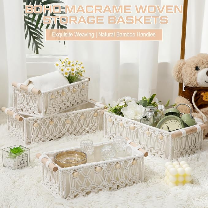 Vesici 4 Pcs Boho Macrame Storage Basket for Shelves 13" 11" Neutral White Storage Basket Hand Woven Box with Wood Handles Beads Decorative Countertop Toilet Cabinet Organizer for Home Decor - Image 5