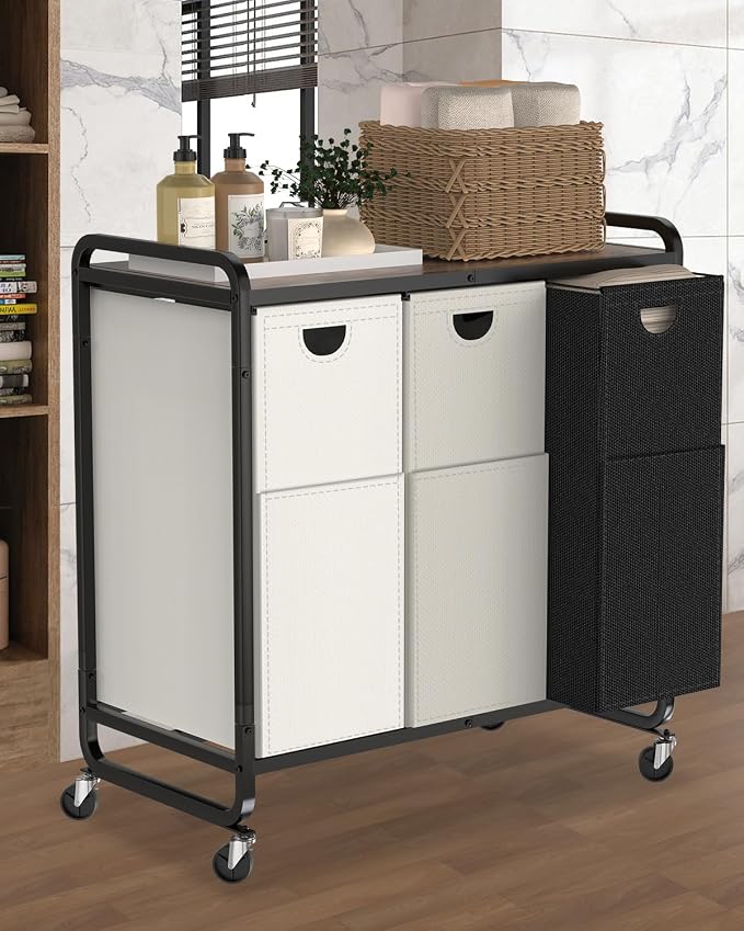 Laundry Sorter 3 Section,Laundry Basket with Wheels,3×15.8 Gal (60L) | Laundry Room Organization with Wooden Desktop Shelf,Pull-Out and Removable 900D Oxford Fabric Laundry Bags for Laundry Room - Image 8