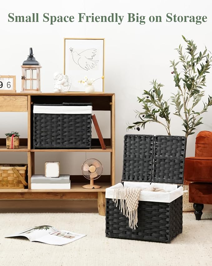 SETVSON Storage Basket with Lid, 2-Lid PE Rattan Storage Bin, Black | 9.2 Gal Decorative PE Rattan Furniture Look for Bedroom, 2 Separate Lids, 2 Liners with Divider for Apparel & Essentials - Image 3