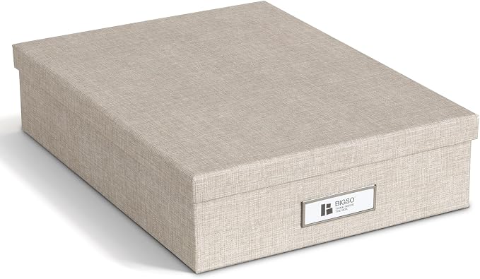 Bigso Oskar Fiberboard Label Frame Document Letter Box for Important Paperwork A4 or Letter Size - Durable Keepsake Box with Lid and Metal Label Holder - 3.3in x 10.2in x 13.8in - Melange Beige by Bigso