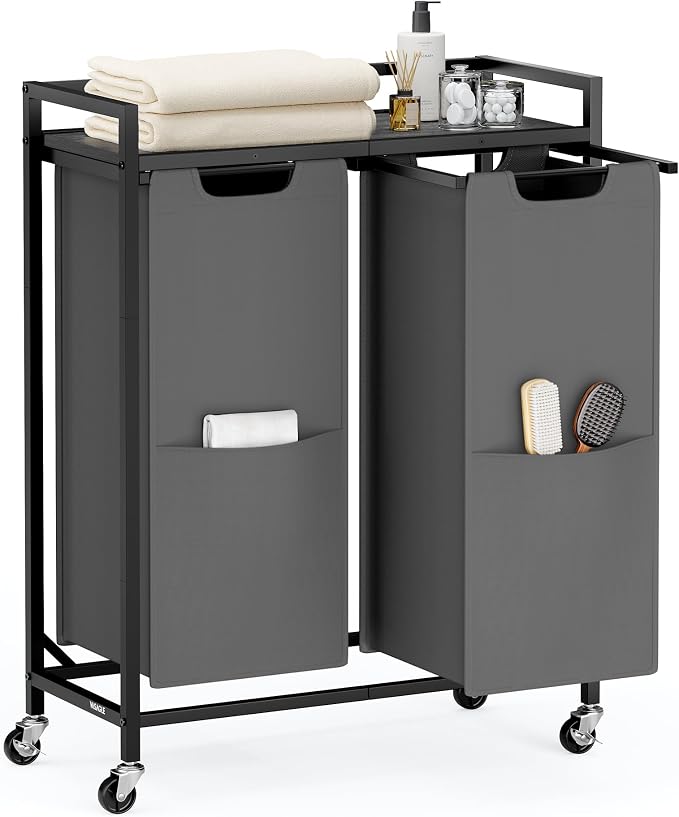 VASAGLE Laundry Sorter, 29 Gal. (110 L) Laundry Hamper Basket with 2 Compartments, Rolling Cart with Wheels, Shelf, Removable Bags, Pockets, Slate Gray and Charcoal Gray UBLH021G01 by Unknown