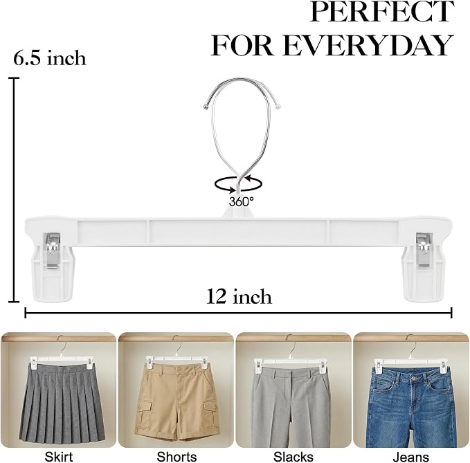 Skirt Hangers with Clips, 30 Pack White Pants Hangers | 12 Inch Plastic Clips Hangers Space-Saving Closet Organizer for Skirts, Shorts, Jeans with 360° Swivel Hook & Non-slip Clips - Image 2