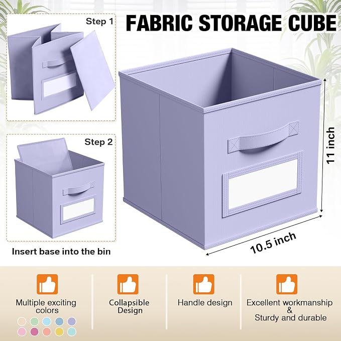 Teenyyou 10 Pack Fabric Storage Cubes 11 Inch Collapsible Cube Bins with Label Window & Handle Foldable Organizers Baskets for Shelf Closet Nursery Kids Room Clothes Book Toy(Macaroon) - Image 3