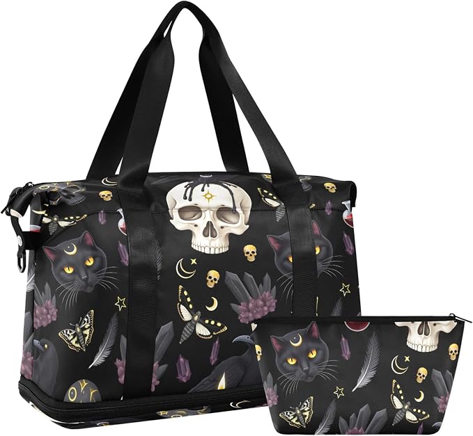 Goth Skull Moth Sports Duffel Tote Bag - Wet Pocket Weekender Overnight Gym Carry On Hospital Bag for Women Men - Image 7