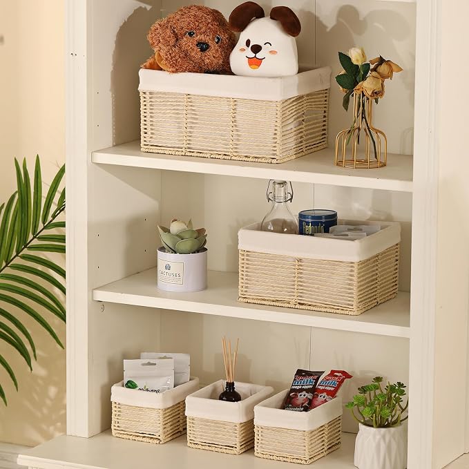 Wicker Storage Basket, Hand-Woven Paper Rope Basket, Rectangular Small Basket for Organizing, Cube Storage Bin for Closet/Clothes/Dresser, Beige, 5-Pack - Image 5