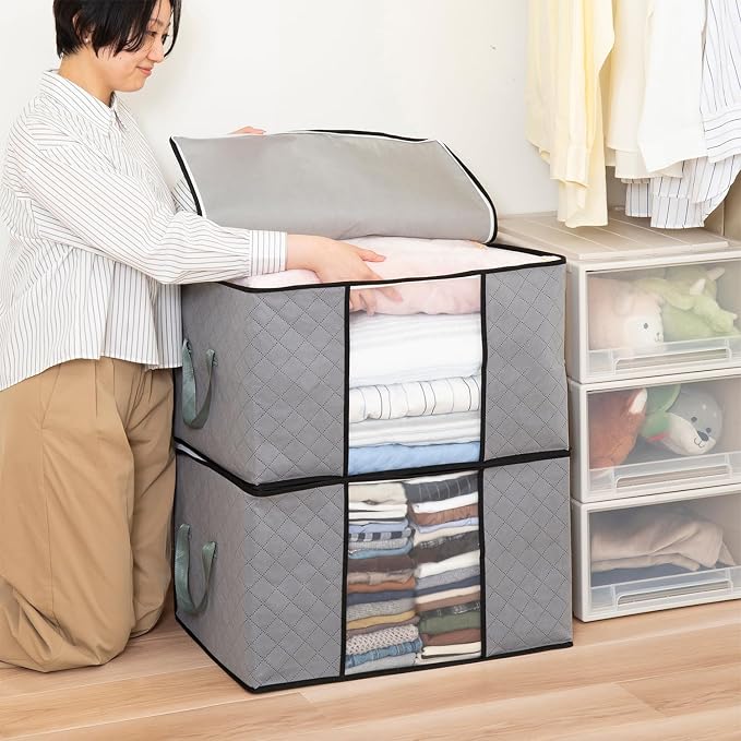 Astro Large Capacity Clothes Storage Bags, 2 Pack Foldable Closet Organizers with Handles, Activated Carbon, Breathable Material, Zipper, Clear Window for Blanket Comforter Clothing Bedding, Grey, 90L - Image 2
