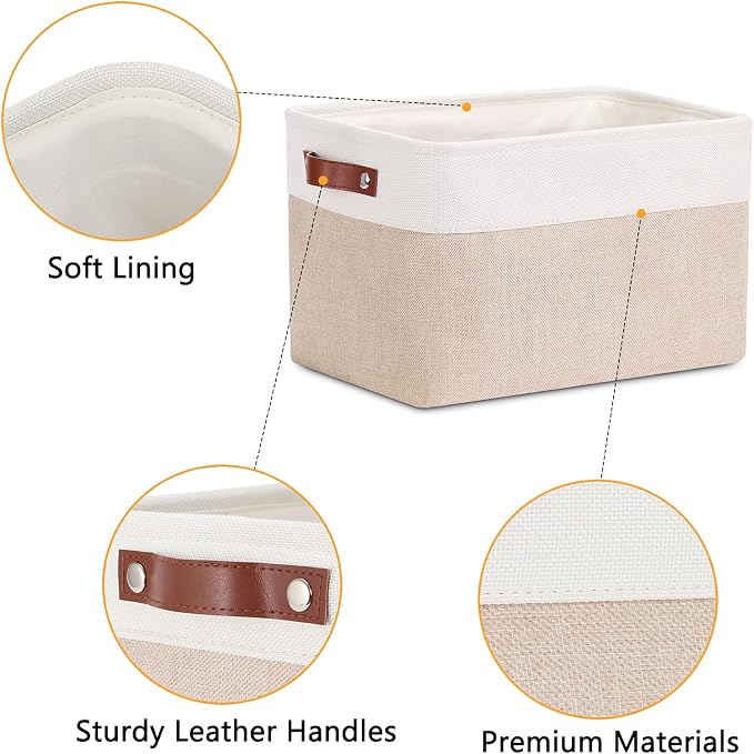 DULLEMELO Fabric Storage Bins, Storage Baskets for Organizing, Collapsible Rectangular Fabric Baskets for Shelves, Empty Gift Baskets (3-Pack Medium-15 inch X 11 inch X 9.5 inch , White&Khaki) - Image 3