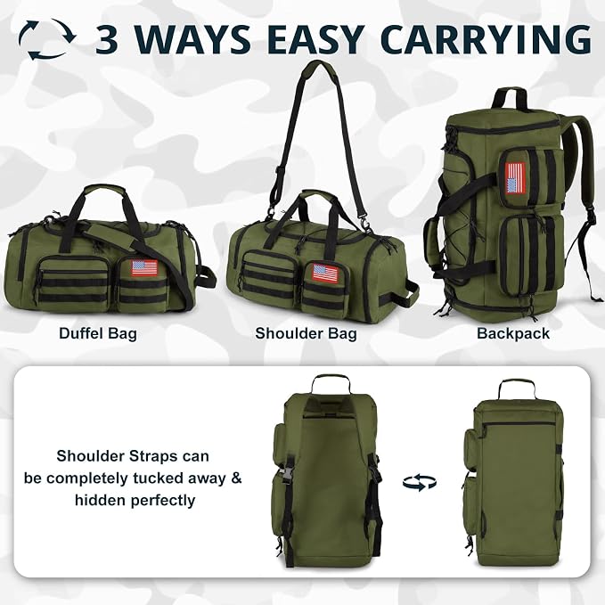 Tactical Gym Bag for Men,50L Large 3-in-1 Sports Duffle Bag for Travel Gym | Water Resistant ,Adjustable Shoulder Strap,MOLLE Weekender Overnight Bag with Shoes Compartment,Gym Backpack for Gym,Travel - Image 5