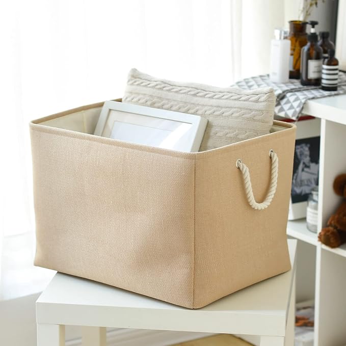 Storage Bin for Shevles - Extra Jumbo 3Pack 20.5L×15.7W×13.8H inch Organization and Storage Basket for Organizing, Fabric Storage Cubes for Closet Shoe Linen Decorative (Beige) - Image 4