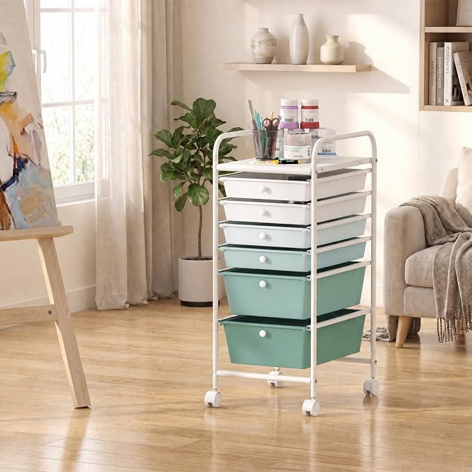GOFLAME 6-Drawer Rolling Storage Cart, Multifunctional Art Craft Organizer Cart, Mobile Utility Storage Cart with Removable Drawers & Lockable Wheels, Craft Cart for Home Office, Green Gradient - Image 8