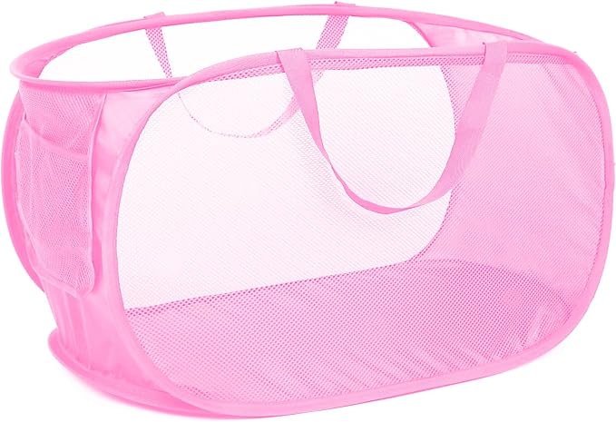Durable Collapsible Laundry Baskets, Mesh Pop Up Laundry Hamper with Side Pocket, Foldable Clothes Storage Hamper with Reinforced Carry Handles for Laundry, Bathroom, Kids Room, Dorm or Travel Pink by Bemkoo