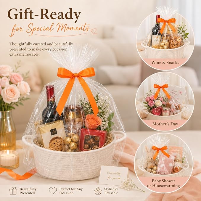 9Pcs Baskets for Gifts Empty with Gift Bags and Ribbons, Small Cute Woven Cotton Rope Basket, for Easter Mother's Day, Baby Nursery Room Shelf Storage Toy Pet Organizer to Fill, White, 12 x 8 x 5 inch - Image 6