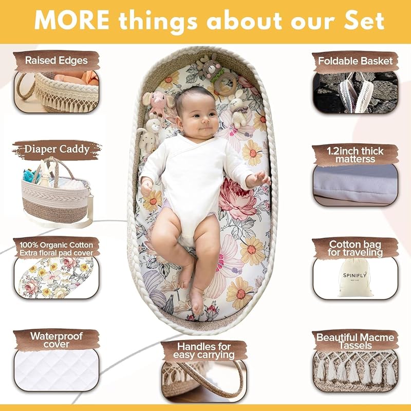 Baby Changing Basket Set with Diaper Caddy Organizer Macrame Boho Moses Basket for Babies, Handmade 100% Cotton Rope, Woven Portable Nursery Decor Waterproof Pad & Floral Pad - Image 5