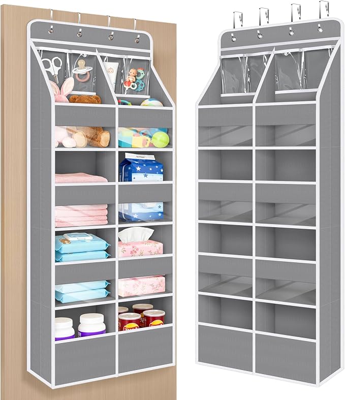 Univivi Upgraded Over the Door Organizer for Baby Nursery, Grey, 5-Shelf | Fabric Door Organizer with Clear Window Deep Pockets, Over Door Hanging Organizer for Baby Essential, Bedroom, and Dorm by Univivi