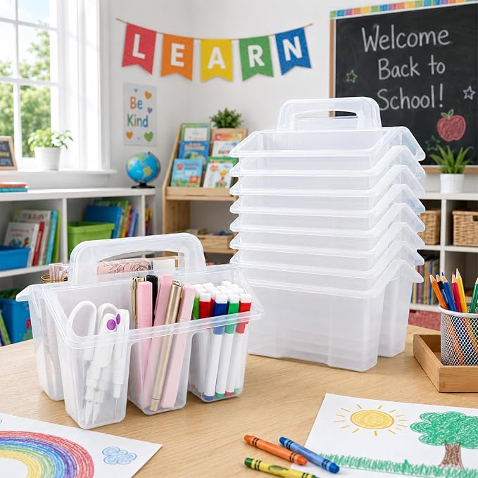 gisgfim 8 Pack Classroom Caddy Storage Basket with Handle 4 Compartment Storage Caddy Plastic Arts Crafts Caddies Protable Classroom Craft Caddies for Students Schools Art Craft Supplies(Clear) - Image 4