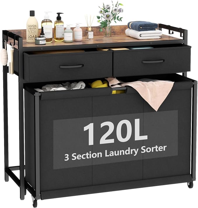STIKELY Laundry Hamper Laundry Basket with 3 Section Pull-Out Rolling Bags, Laundry Sorter for Organization and Storage with 2 Pull-Out Drawers for Laundry Room, Bathroom, Bedroom Use (Rustic Brown) by STIKELY