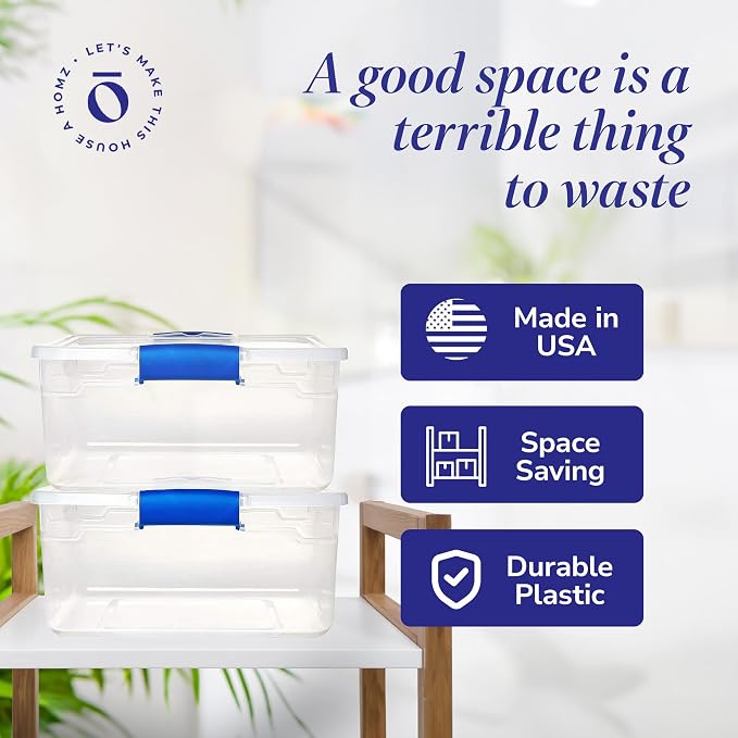HOMZ Clear Plastic Storage Bins with Latching Lid, 15.5 Qt, Blue, 4 Pack | Stackable Container Set for Home, Office Shelves, Kitchen, Garage, and Bathroom Organization - Image 6