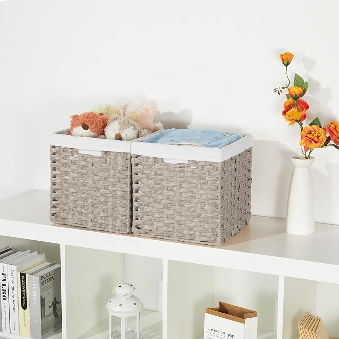Bidtakay Wicker Baskets for Shelves Waterproof Imitation Wicker Cube Storage Bins with Liners for Organizing Closet Cabinet 2-Pack 11x11 inch Storage Cube Organizer for Pantry-Greyish Beige - Image 3
