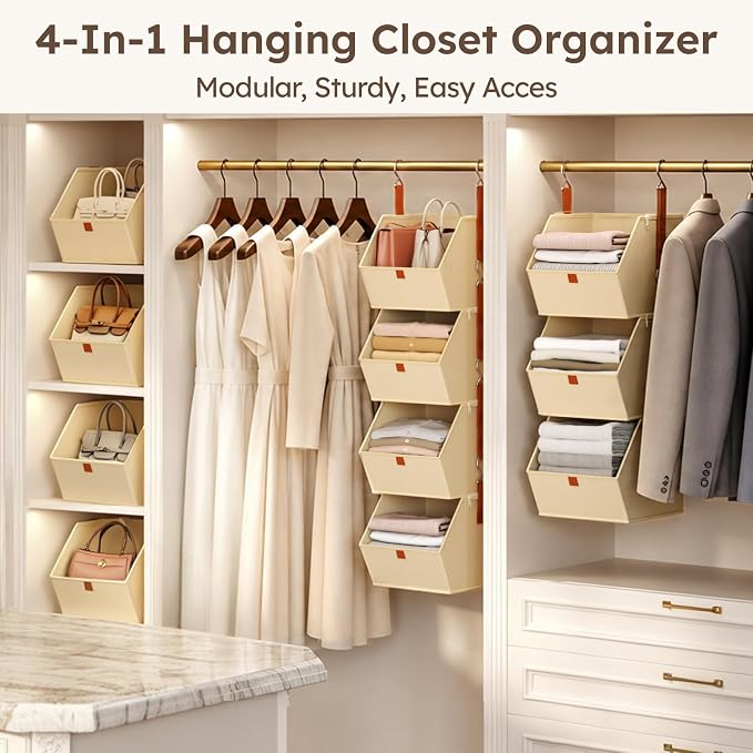 Hanging Closet Organizer 4 Tier - Clothes Hanging Shelves, Space-Saving Closet System, Fabric Storage Bins Bedroom Organization, Collapsible Baskets for Home, Dorm, Rv, Beige, 8 Pack - Image 4