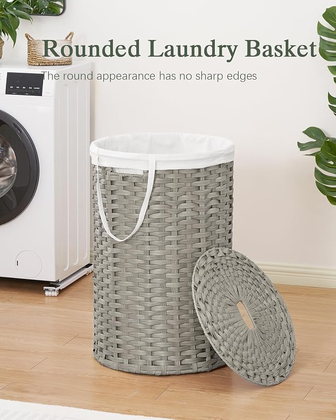 SETVSON Large Laundry Hamper Laundry Basket with Lid, Round PE Rattan, Gray | 130L Large Woven Basket with Lid, Removable Washable Liner Bag, 2 Mesh Laundry Bags, Foldable Long Side Handles - Image 2
