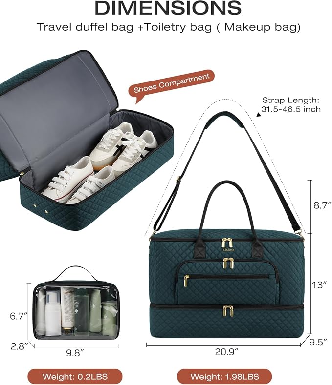 Travel Duffle Bag, Wide Open Large Weekender Bag for Women with Shoe Compartment, Carry on Overnight Bags with Toiletry Bag, Hospital Bag for Women Labor Delivery with Wet Pocket (Dark Green) - Image 3