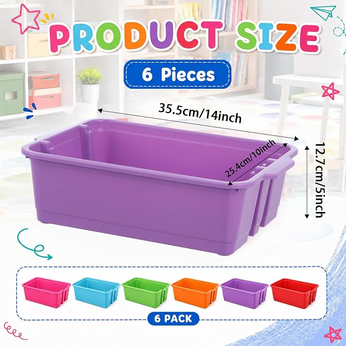 6 Pack Plastic Book Bins Stackable Classroom Cubby Organizer, Rainbow | Scoop Front Storage Bins, Cubby Bins with Handles for School Library Office Home Nursery Playroom Organization - Image 2