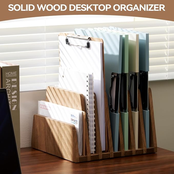 KIRIGEN Wooden File Organizer, 7-Slot Upright Holder for Desk, Brown 7K-DBR | Seven Upright Slots Sort Mail, File Folders, Papers, Bills, Envelopes, and Notebooks; 9.92 x 10.35 x 7.08 In, No Assembly - Image 2