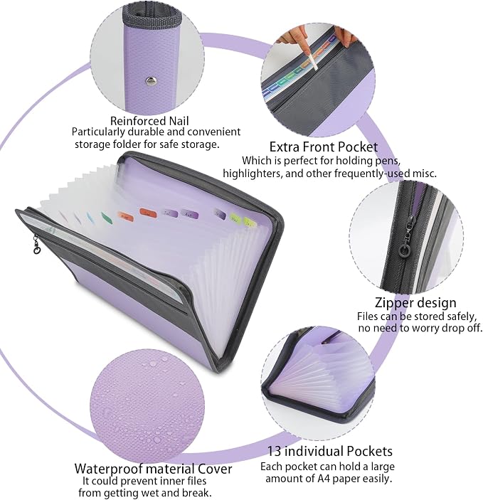 NAFY Accordion File Organizer, 13 Pockets Expanding File Folder with Zipper, A4 Letter Size Portable Accordion Expanding File Folders with 27pcs Colour Labels for Home Office School Supplies (Lilac) - Image 3