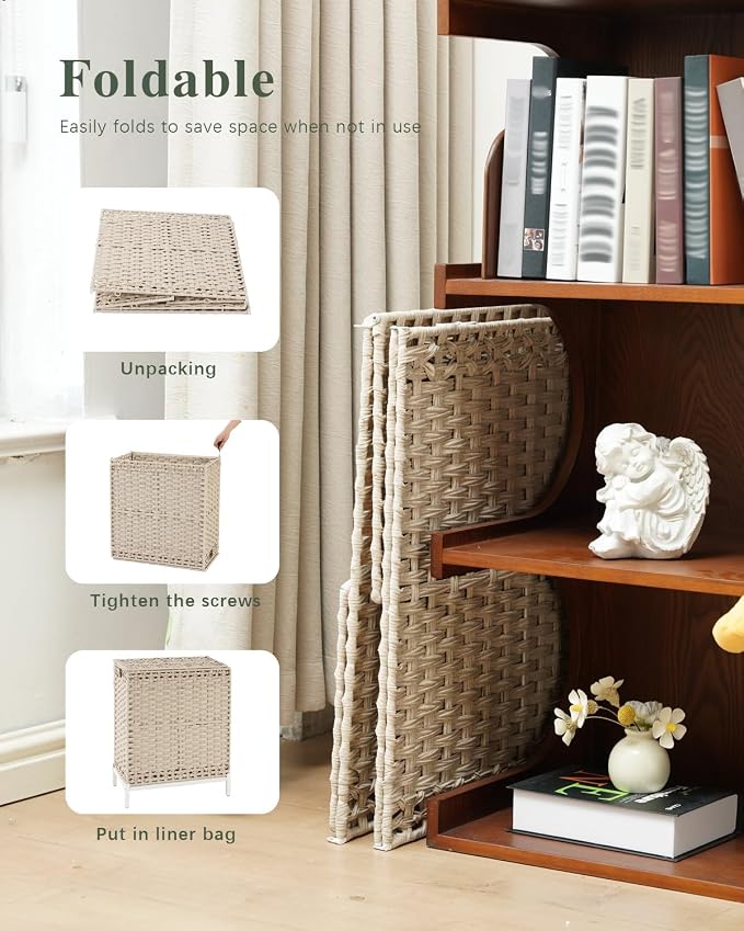 SETVSON Laundry Hamper with Lid, Wicker Laundry Basket, 112 L, Light Khaki | Handwoven PE Rattan, 2 Removable Liner Bags, Metal Heightened Feet, 6 Mesh Bags, Clothes Hamper for Bathroom Bedroom - Image 6