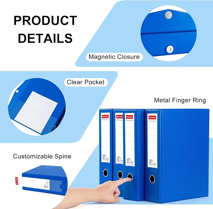 Storage File Boxes 4 Pack, Foldable File Box with Clip, 88mm Spine, Blue | Archives Cases with Magnetic Closure, Plastic Document File Organizer Storage - Image 3